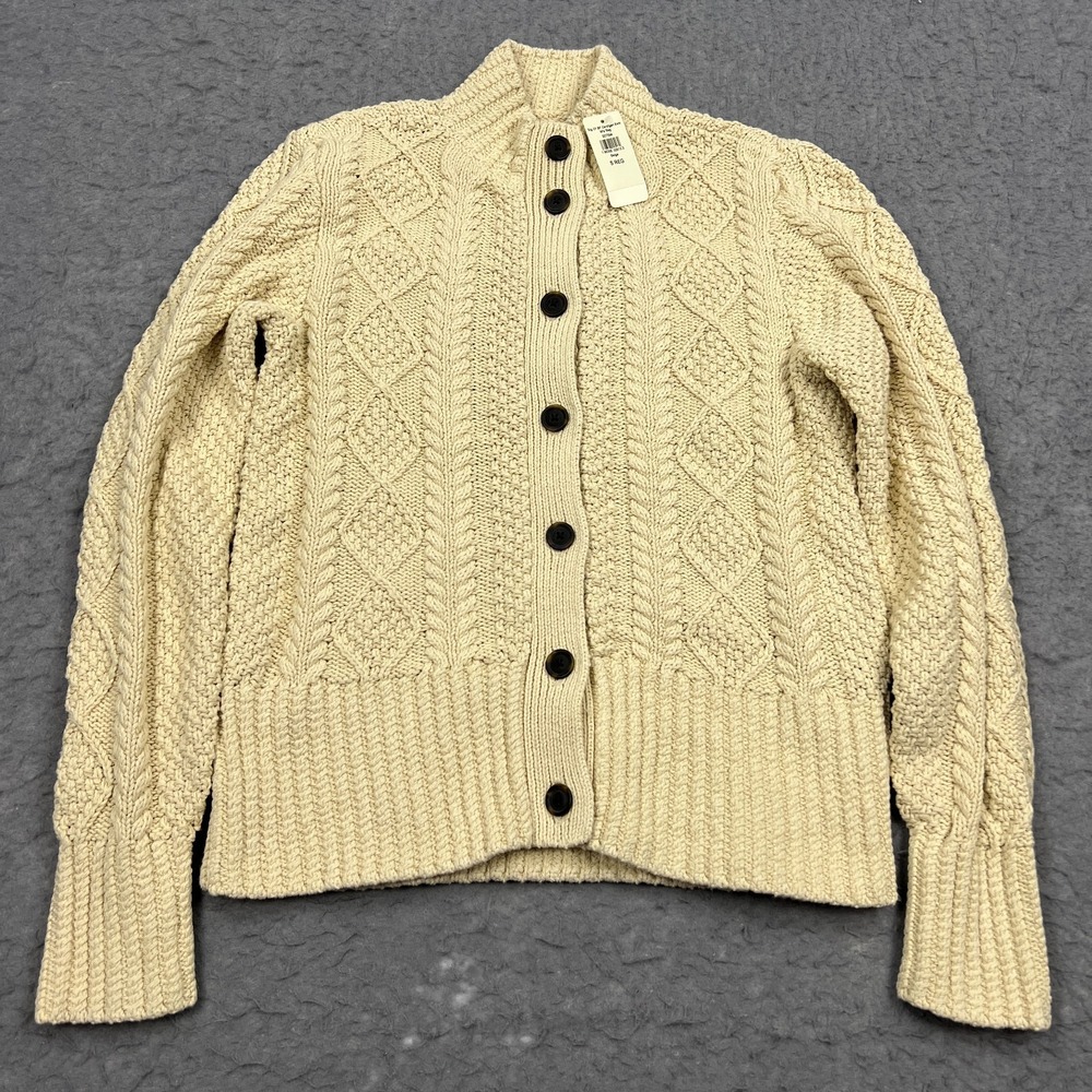 LL Bean Signature Cardigan Womens Small Beige Cotton Fisherman Sweater Button Up